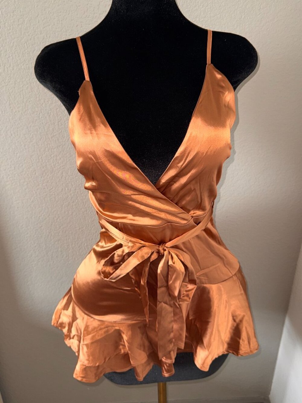 Copper Satin Wrap Mini Dress | Ruffle Hem Tie Waist Slip Dress